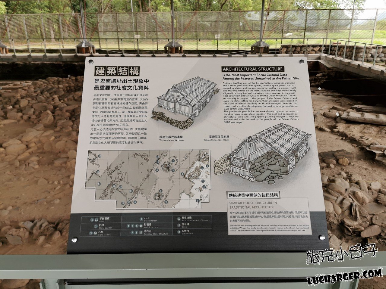 卑南遺址公園建築結構說明牌與考古現場